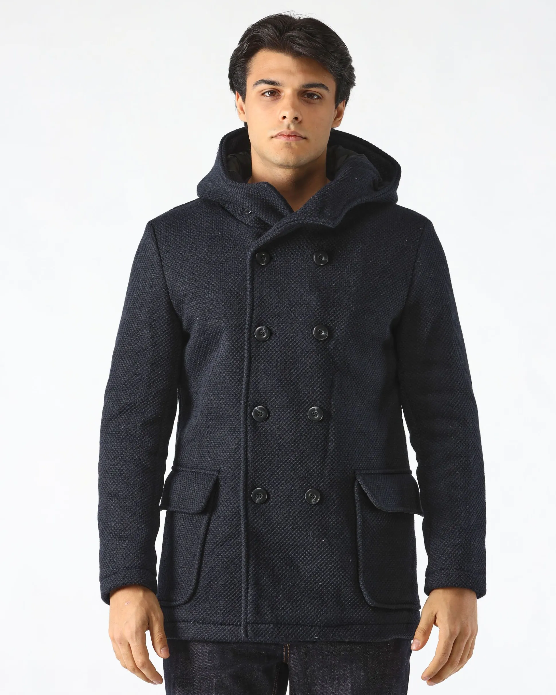 Cappotto Doppiopetto Blu con Cappuccio